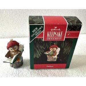 VTG Hallmark Owliver Keepsake Ornament 1992 First In Series Book Bunny Red Hat